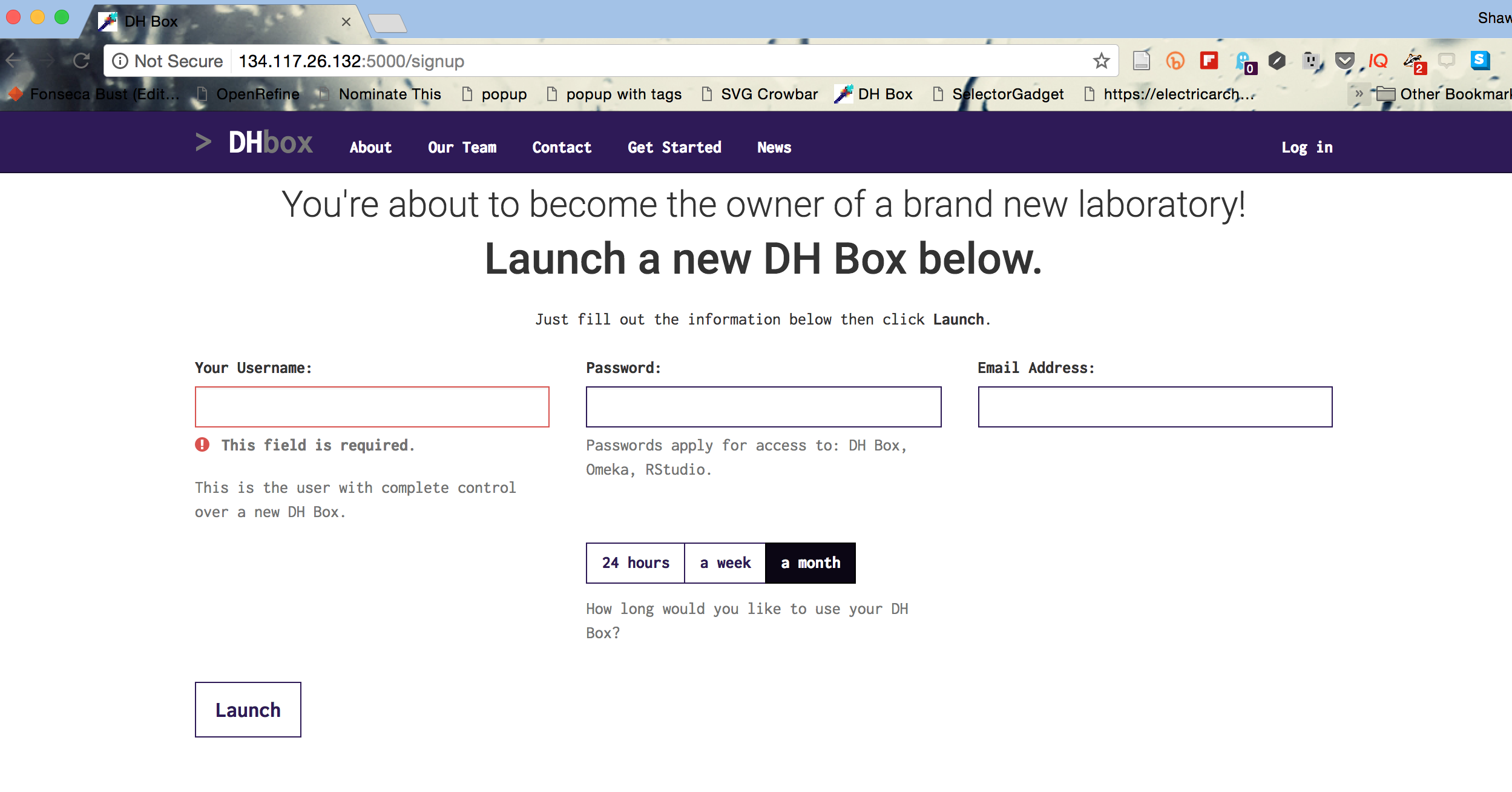 The DHBox signup screen