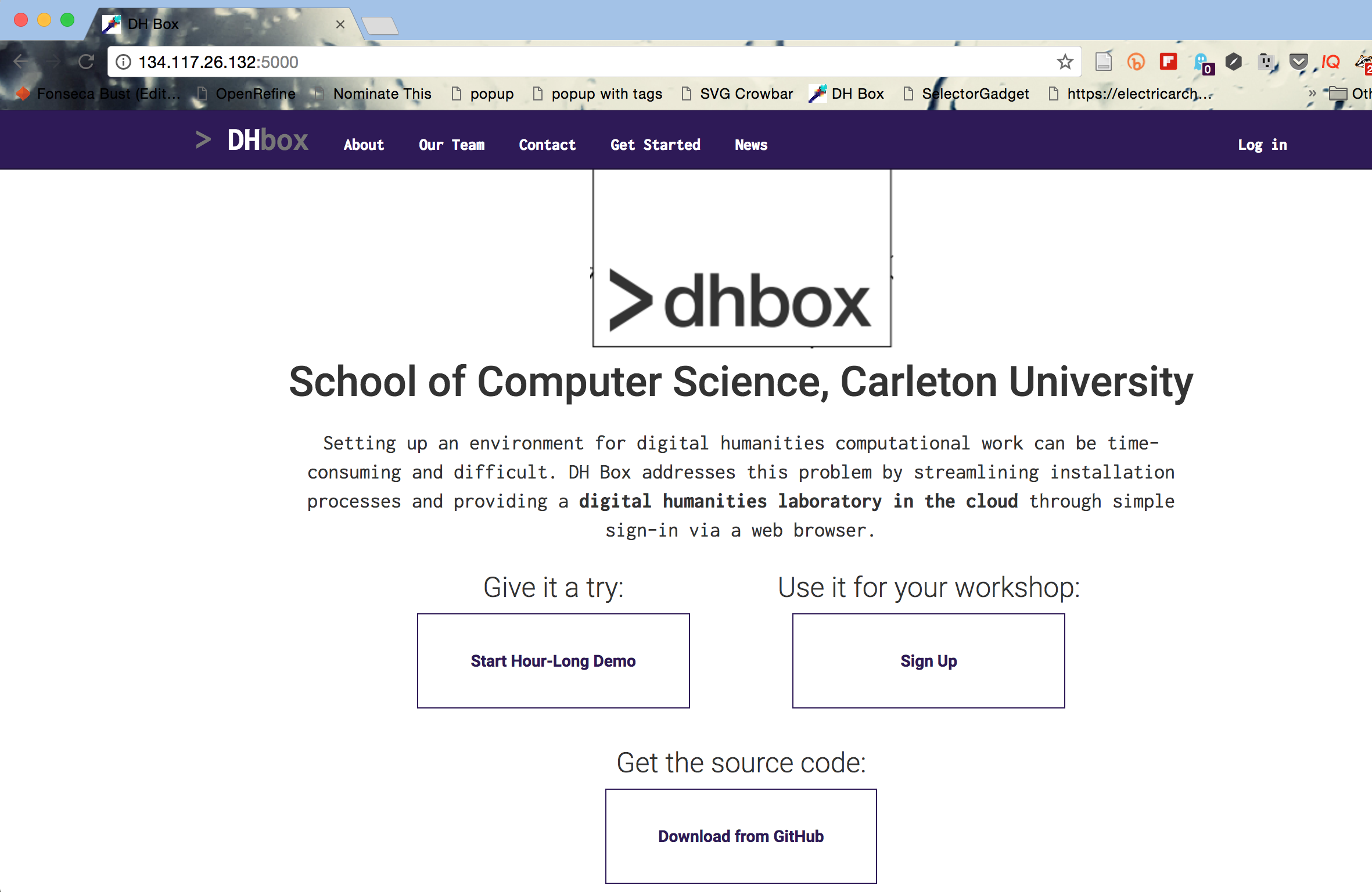 The welcome screen for DHBox. Note the complete url.